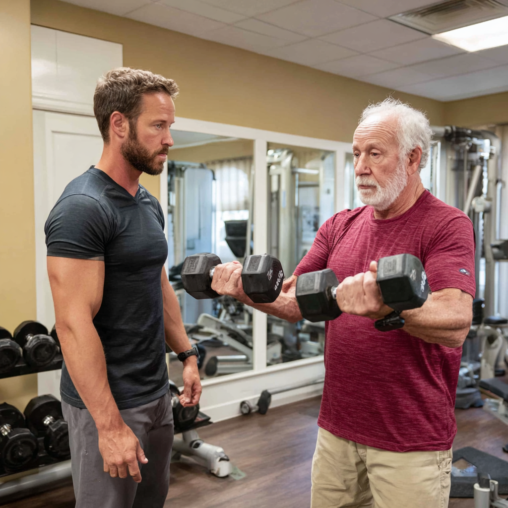 Личен треньор помага на мъж на 58 години да изпълни правилно упражнение с дъмбели в уютна фитнес зала