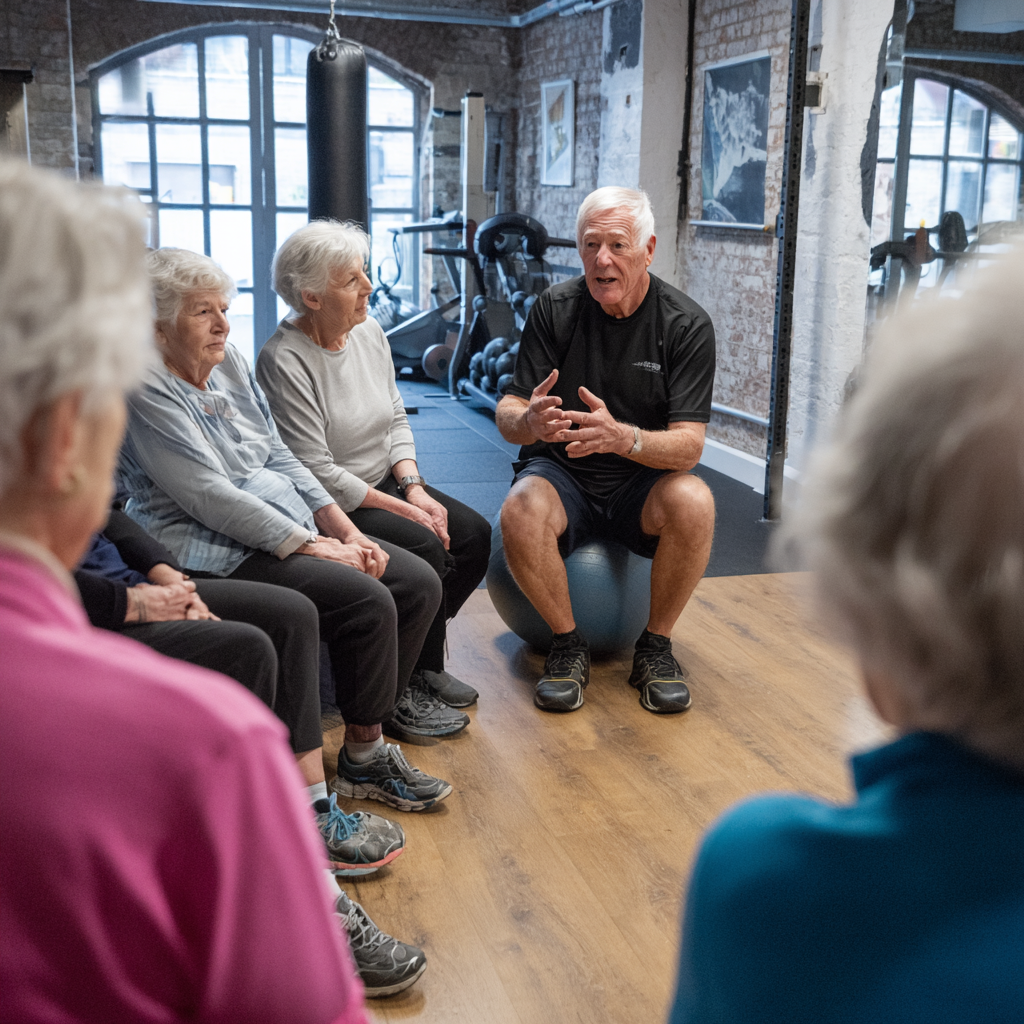 Треньорка обяснява на група възрастни хора между 50-60 години правилната техника за упражнения във физкултурна зала