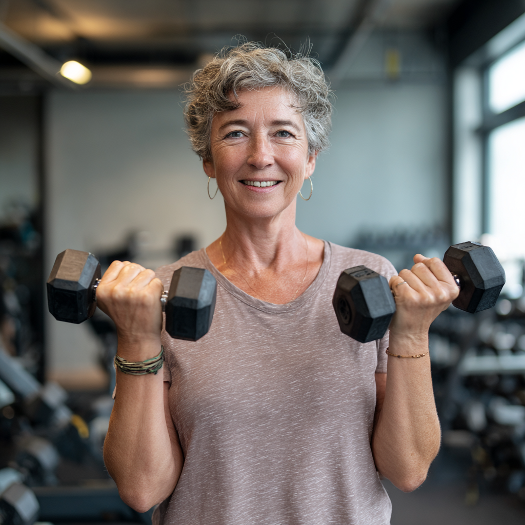 Активна жена на 55 години прави силова тренировка с гири в модерна фитнес зала, усмихната и мотивирана